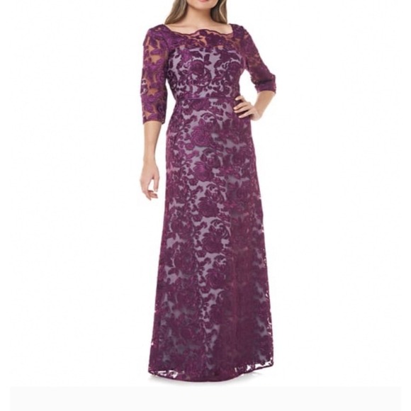 JS Collections 867009 Scallop Neck Embroidered Lace Gown SZ 4Purple Wine - Picture 1 of 14